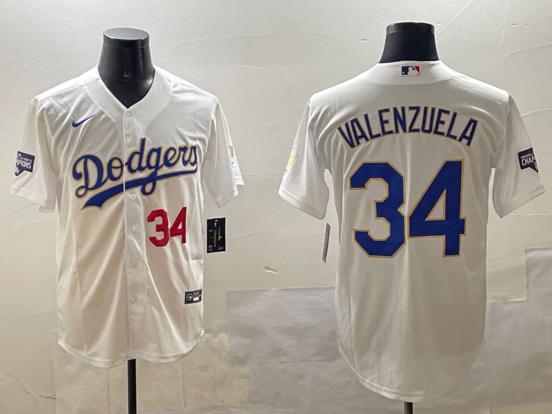 Men Los Angeles Dodgers 34 Valenzuela White blue Gold Game 2025 Nike MLB Jersey style 15